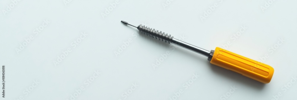 Leinwandbilder a bright yellow screwdriver lies next to a computer repair setup on a white surface, indicating a tr