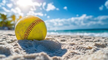 A softball sits on a sandy beach with blue water and sky in the background.