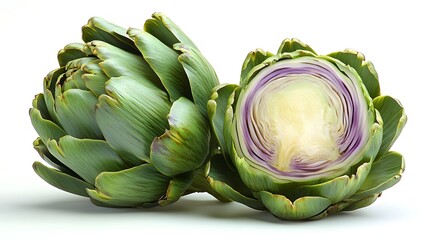 Fototapeta premium Artichoke flower edible bud and its cross cut isolated on white background AI generated
