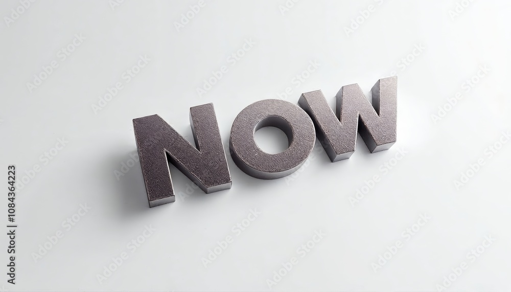 Aufkleber bold 3d metallic text displaying 'now' against a clean white background, emphasizing urgency and imm