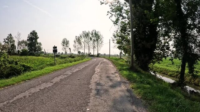 Via Francigena - a paved road through agricultural fields between Corte Sant'Andrea and Orio Litta, Province of Lodi, Lombardy, Italy