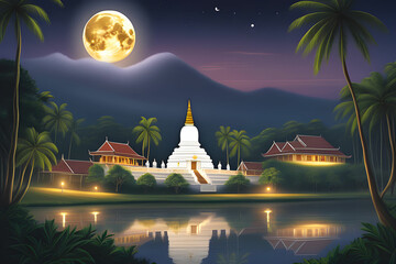 Full moon poya day night scene.  SriLankan Buddhist Temple. HD background