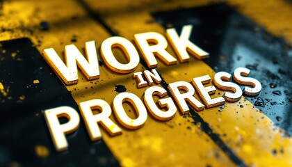Bold 'Work in Progress' text on a textured, yellow-and-black, industrial background, conveying a strong message of caution and ongoing construction.