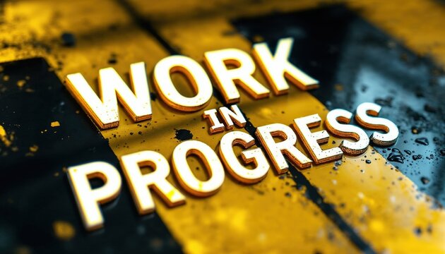 Bold 'Work in Progress' text on a textured, yellow-and-black, industrial background, conveying a strong message of caution and ongoing construction.