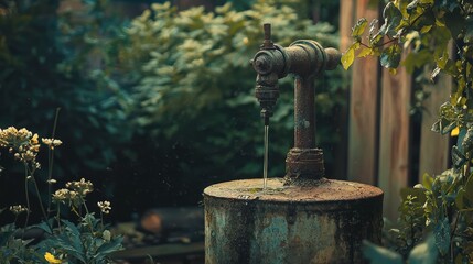 Fototapeta premium Vintage Hand Pump Surrounded by Greenery