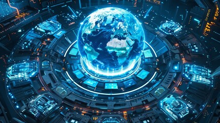 Futuristic finance concept with 3d hologram and high tech elements in a vibrant blue background