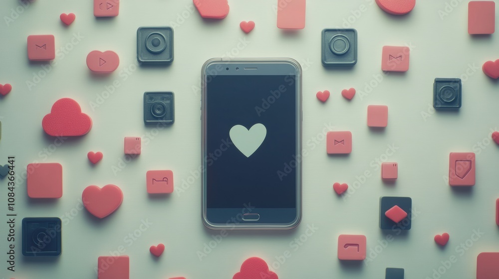 Poster a smartphone displaying a heart symbol is encircled by various colorful notification icons, symboliz