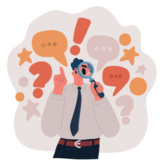 Cartoon vector illustration of a businessman looking at you through a magnifying glass, concept of scrutiny and analysis