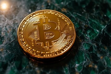 A detailed close-up of a golden Bitcoin coin resting on a luxurious green marble surface. 