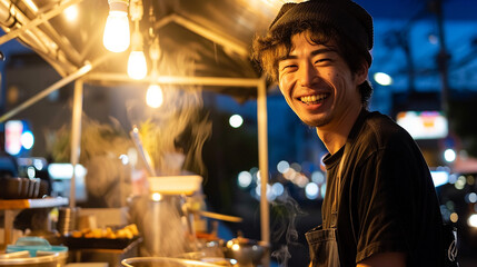 Fototapeta premium A young man smiles while cooking food in an open-air van at night with the city lights shining brightly behind him.