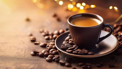 an espresso coffee cup with coffee beans, like a quiet moment of stillness in a busy day, offering space for thought and creativity, golden light effect 