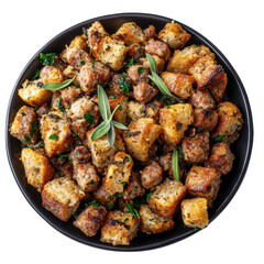 Ultrarealistic UHD Photo of Sage Sausage Stuffing with Chunky Pieces, Perfect for Thanksgiving and Christmas Celebrations