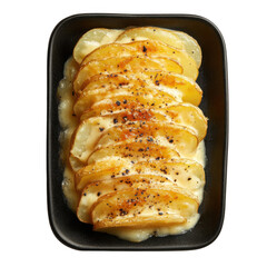 UHD Photo of Scalloped Potatoes, Thin Potato Slices, Golden and Creamy, Garnished with Fresh Herbs, Served in a Rustic Baking Dish, Perfect for Thanksgiving or Christmas Dinner. Top view