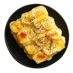 Ultrarealistic UHD Photo of Scalloped Potatoes, Thin Potato Slices, Golden and Creamy, Garnished with Fresh Herbs, Served in a Rustic Baking Dish, Perfect for Thanksgiving or Christmas Dinner.