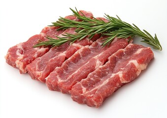 Fototapeta premium Juicy beef strips are arranged neatly with fresh rosemary for culinary inspiration
