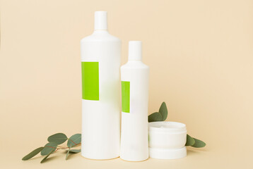 Shampoo and hair mask with green leaves on color background