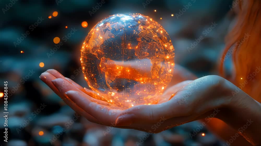 Aufkleber close-up of a glowing digital globe in a hand, showcasing a futuristic representation of global netw