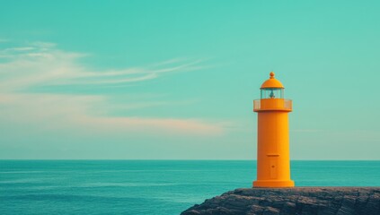 Fototapeta premium orange lighthouse on the ocean, with bright colors, a blue sky, and clear weather