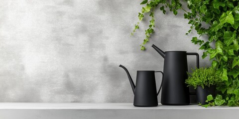 Black watering cans with ivy plants against grey wall. Garden tools styling concept
