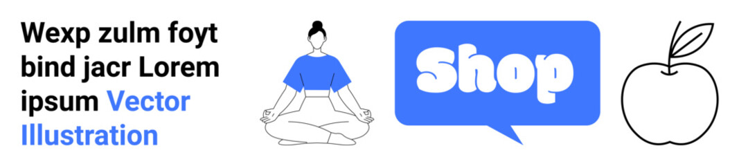 Female figure meditating in a peaceful pose, a speech bubble featuring the word Shop, and an apple symbolizing health. Ideal for wellness, e-commerce, mindfulness, healthy living, and online
