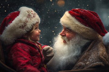 Little girl wearing christmas hat meeting santa claus during snowfall