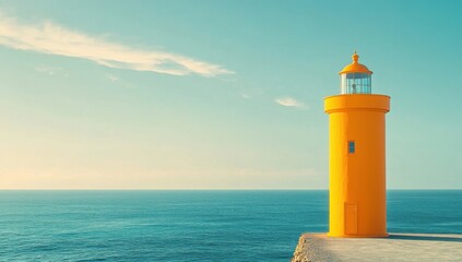 orange lighthouse on the ocean, with bright colors, a blue sky, and clear weather