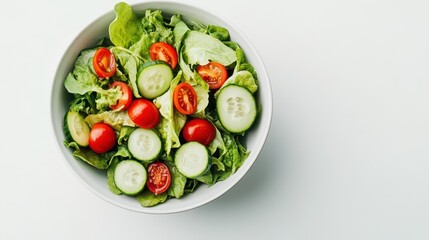Vibrant Mixed Green Salad with Cucumbers and Cherry Tomatoes: Professional Food Photography in Clean Composition and Natural Studio Lighting, 45-Degree Angle.