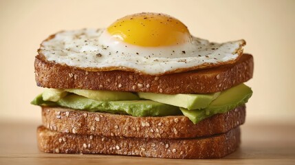 Whole Grain Toast Stack with Avocado and Fried Egg: Professional Food Photography at 45-Degree Angle, Minimal Props, Clean Composition, Sharp Focus, and Soft Natural Lighting.