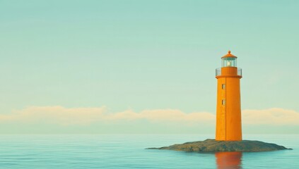 orange lighthouse on the ocean, with bright colors, a blue sky, and clear weather