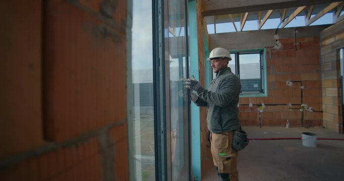 Worker inspecting window installation during residential construction project, wearing hard hat, ensuring alignment and quality standards on site
