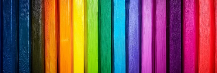 Orderly vertical boards in rainbow colors create a structured yet visually captivating display of color unity.
