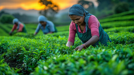 Women worker carefully picking a tea leaves in a tea garden