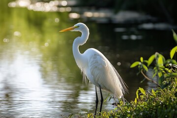 Naklejka premium A serene egret poses elegantly by the water’s edge, basking in gentle sunlight.
