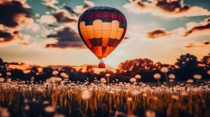 Obraz premium Montgolfière au dessus d'un champ de pissenlits en fleur au coucher du soleil