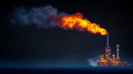 Fototapeta premium Intense Flames Erupting from Industrial Oil Refinery at Night