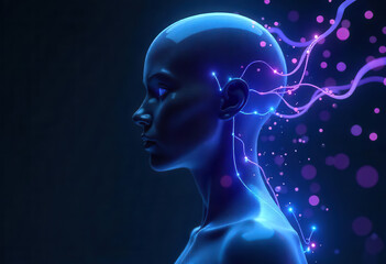 Obraz premium Dynamic visualization of a futuristic ai figure with electric patterns digital art abstract environment side view conceptual technology representation