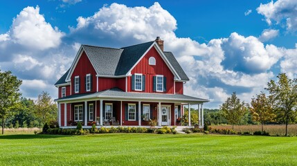 Obraz premium Classic Red Barn-Style Farmhouse Exterior