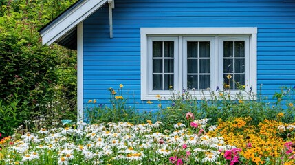 Charming Blue Farmhouse with Flower Garden