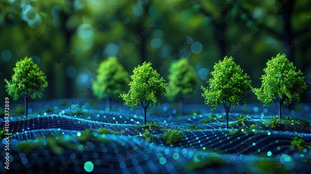 Poster a digital rendering of a forest with trees growing out of a blue grid, abstract background.