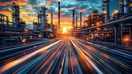 Shiny metal pipes in an industrial plant, with motion blur of the background showing a sunset sky and gas storage tanks, oil refineries, and a rough road for cars to travel quickly, in a