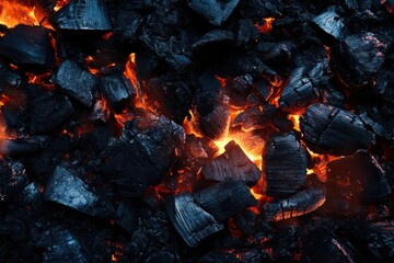 Fototapeta premium Glowing embers among blackened coal, showcasing heat and energy.
