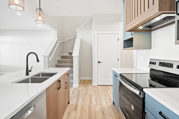 Modern Kitchen with Mint Cabinets and Wood Accents