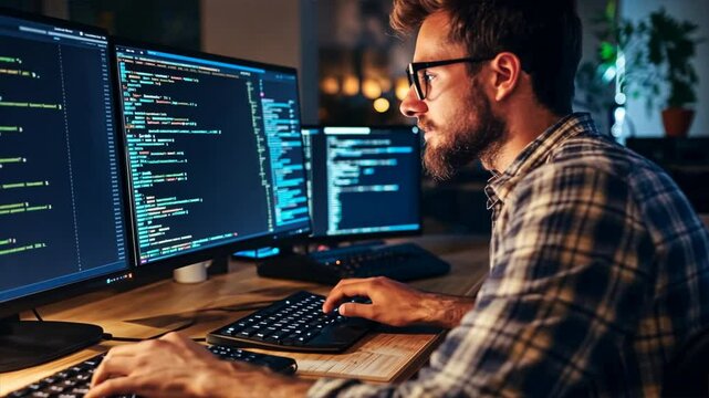 A man is sitting at a desk with two computer monitors and a keyboard