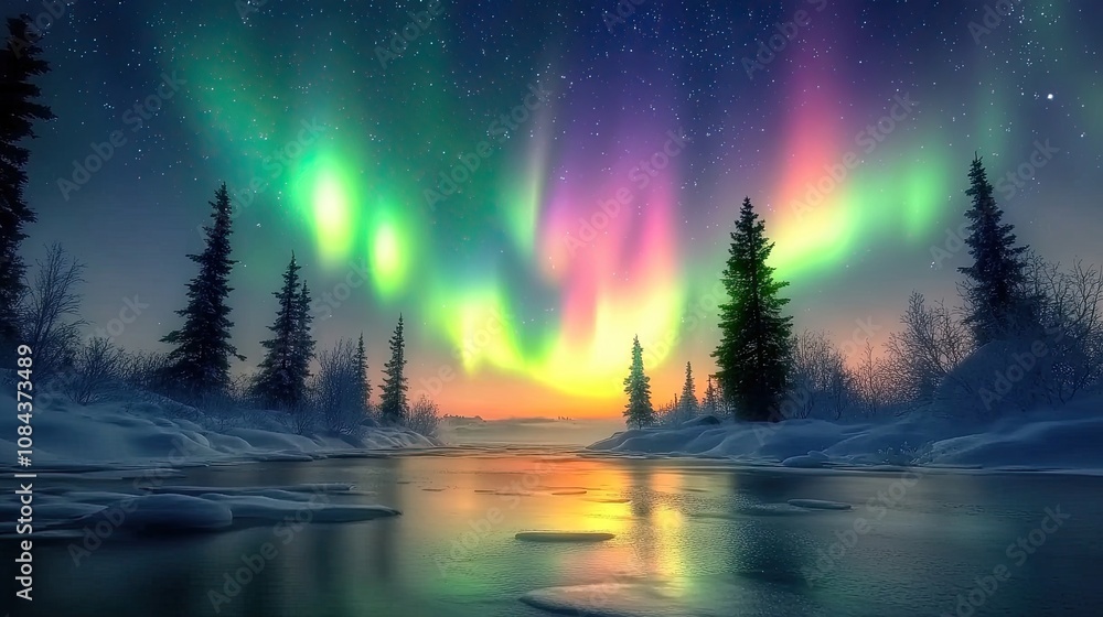 Poster here's a and keyword list for your stock photo.. magical aurora borealis illuminating snowy landscap