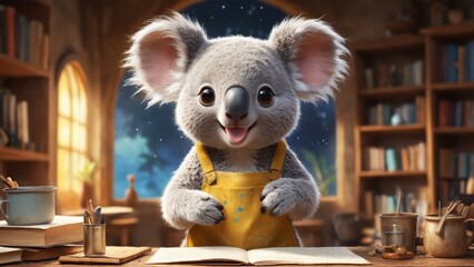Cute koala character happily baking in a cozy kitchen filled with books and sunlight
