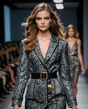 Modelos desfilando en una pasarela de moda con vestidos elegantes de color gris