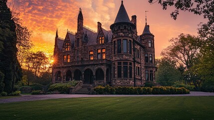 Obraz premium Gothic Revival Castle with Arches and Turrets at Sunset