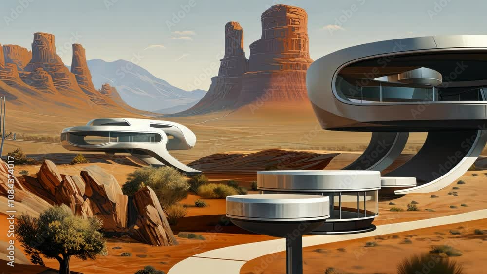 Poster retro futuristic architecture in sci-fi scene on the desert planet. alien landscape with nostalgic r