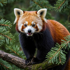 Obraz premium Closeup shot of a red panda on a fir tree in the wild