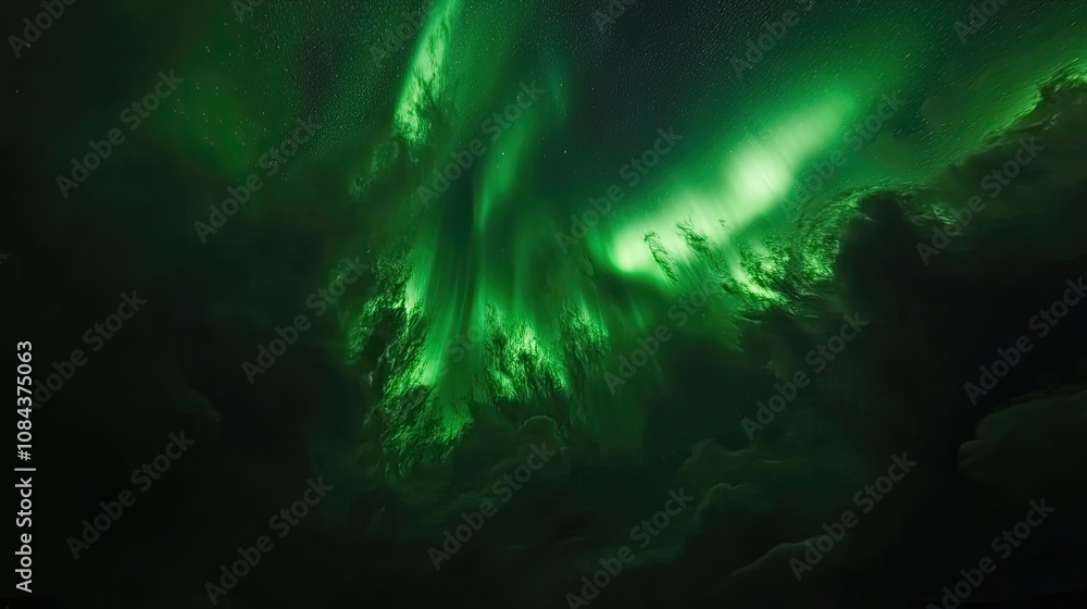 Poster here's a caption and keywords for your image.. vivid green aurora borealis illuminating night sky wi